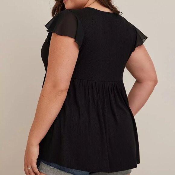 Torrid Fabric Mix Textured Jersey Embroidered Neckline Mesh Flutter Sleeve Top 2 - Picture 12 of 12